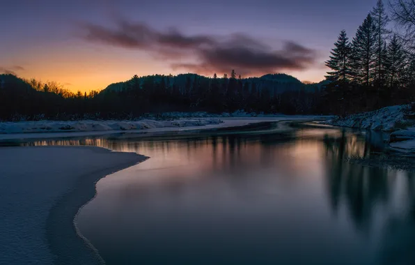 Winter, forest, sunset, mountains, night, twilight, pond