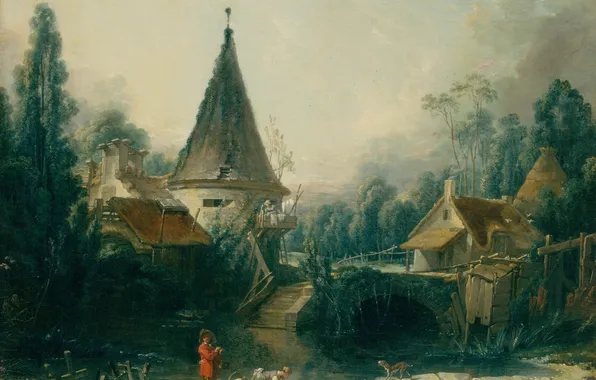 Bridge, pond, child, wash, Boucher, Francois, Landscape Near Beauvais