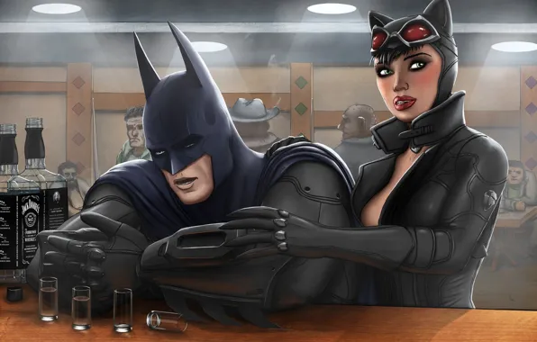 Batman, bar, drunk, fan art, catwoman, Selina Kyle