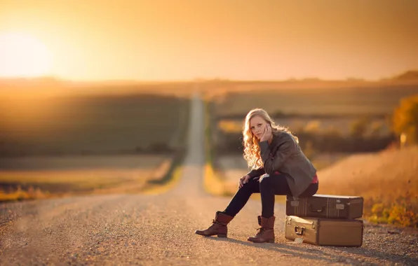 Road, girl, suitcase, waiting
