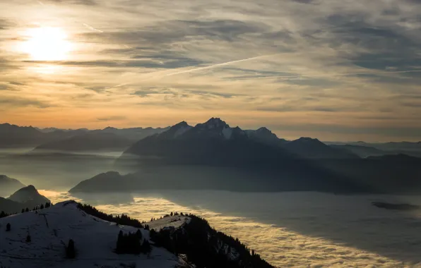 Mountains, fog, morning