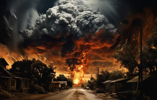 Home, Road, Smoke, Fire, Mushroom, The explosion, Clouds, Digital art