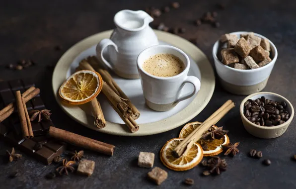 Table, coffee, oranges, Cup, cinnamon, coffee beans