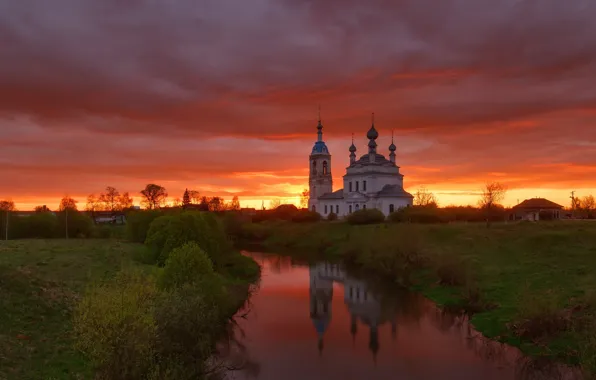 Landscape, sunset, nature, Church, temple, river, Maxim Evdokimov