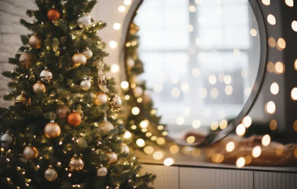 Balls, reflection, mirror, Christmas, New year, herringbone, bokeh, Christmas decorations