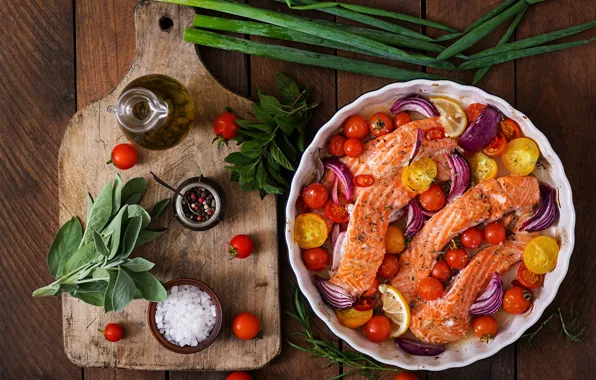 Picture greens, Fish, vegetables, salt