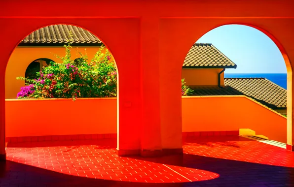 Picture roof, sea, Italy, gallery, arch, veranda