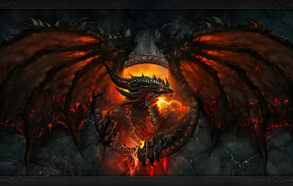 Picture flame, scales, mouth, claws, fangs, evil, horror, world of warcraft, cataclysm, fire-breathing dragon, bat wings
