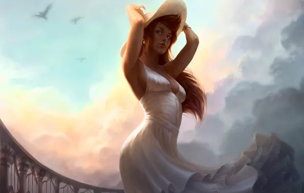 Girl, birds, the wind, hat, dress, art, railings, balcony