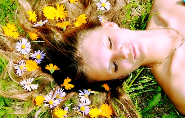 BLONDE, GIRL, HAIR, FLOWERS, FACE, GRASS.SPRING