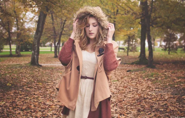 Autumn, leaves, girl, hood