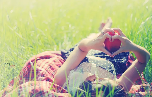 Picture greens, grass, girl, nature, background, mood, heart, Apple