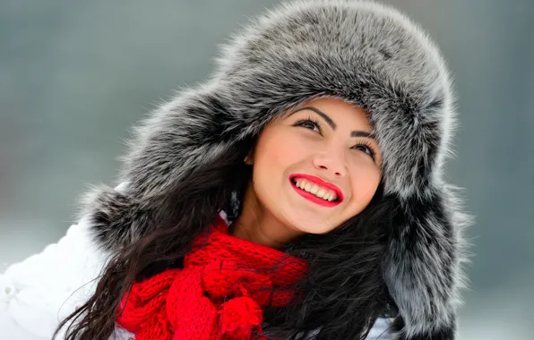 Picture winter, face, smile, background, hat, portrait, makeup, scarf