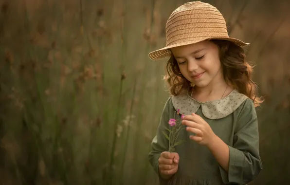Field, smile, hat, girl