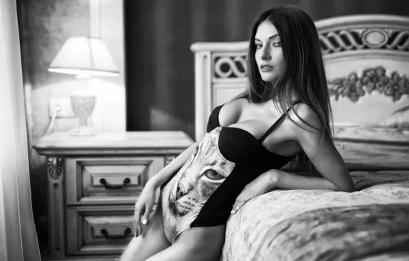 Girl, light, background, black and white, body, bed, figure, bed