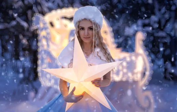 Winter, frost, forest, look, girl, stars, light, snow