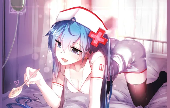Picture bed, stockings, spoon, vocaloid, nurse, Hatsune Miku, blue hair, headdress