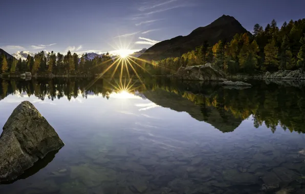 Picture autumn, sunset, mountains, lake, reflection, stones, the bottom, Switzerland