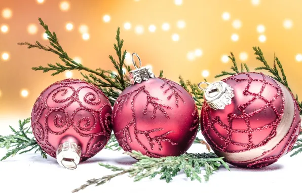 Balls, holiday, toys, new year, branch, bokeh, juniper