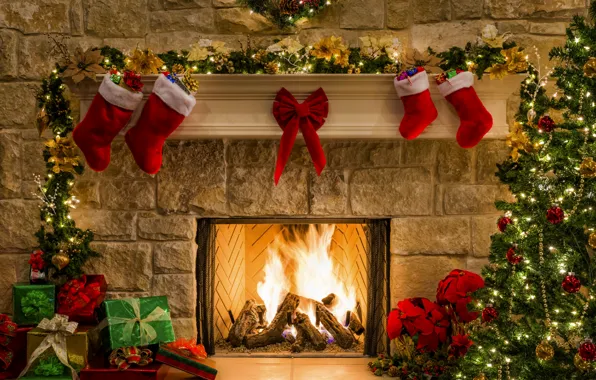 Picture decoration, lights, lights, tree, fire, holiday, fire, fireplace