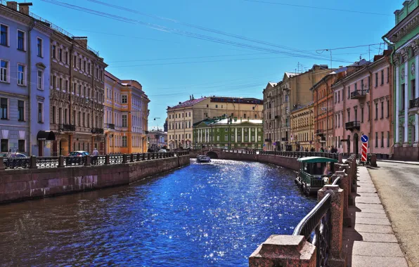 Picture river, paint, Sink, promenade, the sun glare, Saint Petersburg