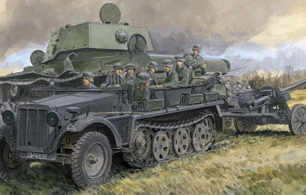 Figure, art, lined, The second world war, Rover, Klim Voroshilov, Soviet heavy tank, SdKfz 10