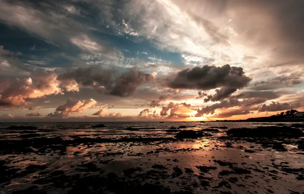 Sea, beach, sunset, tide