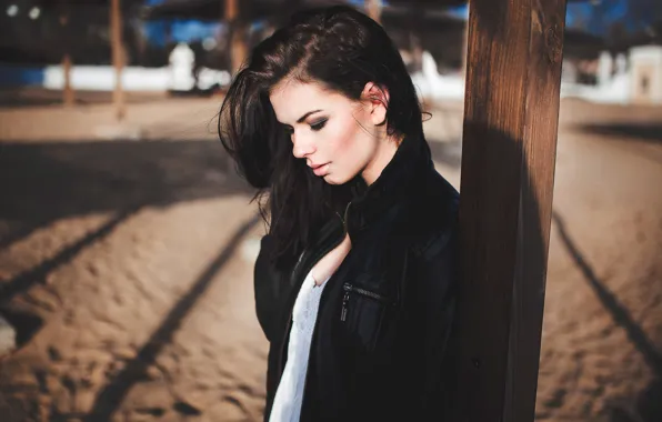 Picture sand, girl, model, portrait, brunette, jacket, yard, shadows