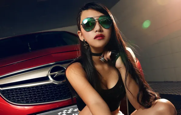 Look, Girls, glasses, Opel, Asian, beautiful girl, red car