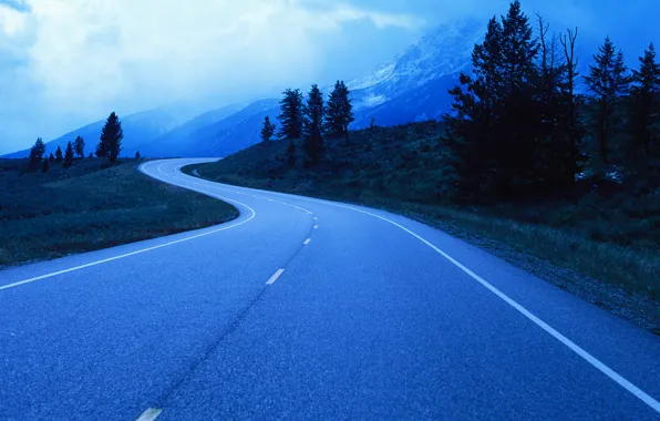 Picture road, clouds, trees, mountains, markup, tree, twilight