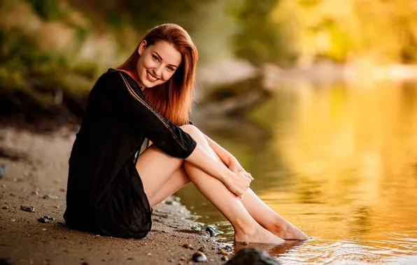 Look, the sun, trees, nature, pose, smile, river, model