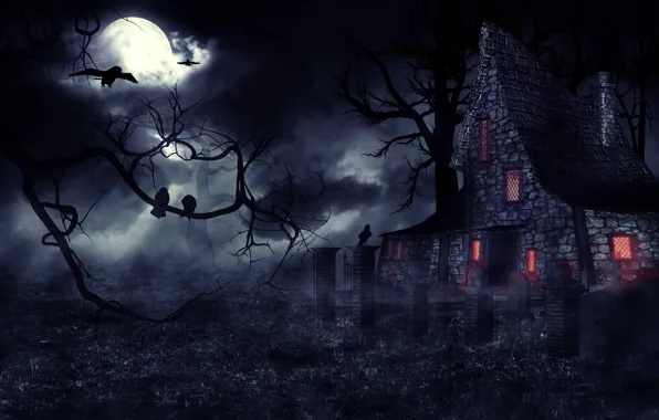 Night, fog, Gothic, mystic, crows, the full moon, haunted house, fantasy art