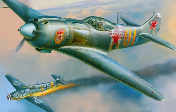 Picture fire, fire, battle, Messerschmitt, kaput, Lavochkin, La 5FN, Bf.109G