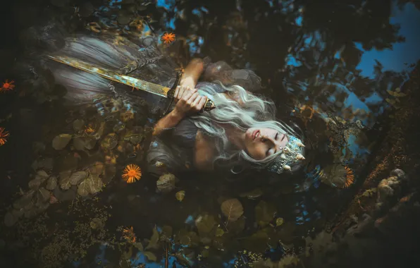 Leaves, water, girl, flowers, face, pose, lake, pond