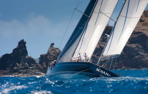 Picture sea, rocks, shore, yacht