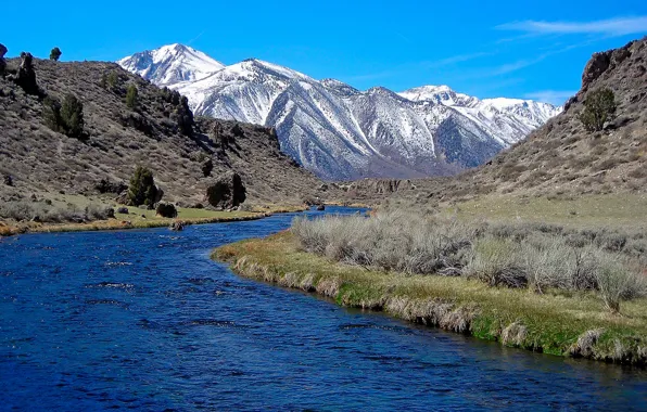 Picture the sky, snow, mountains, river