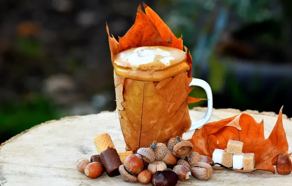 Autumn, coffee, Cup, sugar, waffles, chestnut, maple leaves, acorns