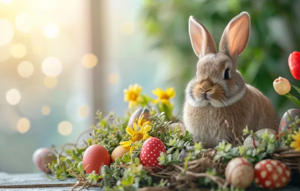 Light, flowers, branches, table, grey, holiday, hare, eggs