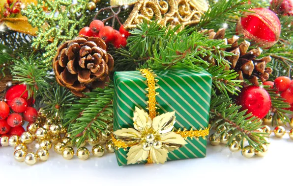 Gift, toys, tree, spruce, branch, New Year, Christmas, beads