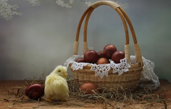 Holiday, basket, eggs, Easter, chicken, napkin, eggs, Kovaleva Svetlana