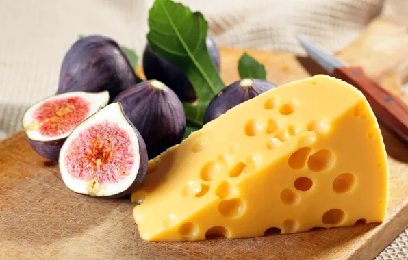 Food, cheese, knife, Board, figs, Maasdam