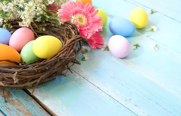 Picture flowers, basket, eggs, spring, colorful, Easter, gerbera, wood