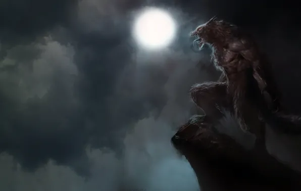 Night, The moon, Clouds, Dark, Mouth, Fangs, Face, Beast