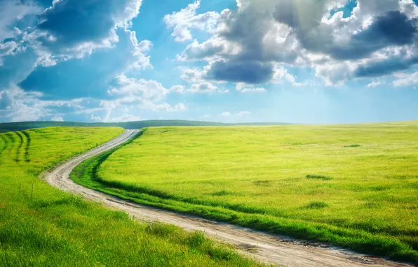 Road, greens, field, grass, clouds, furrow