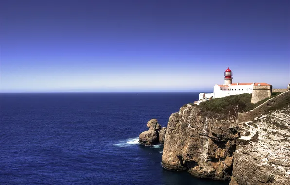 Sea, the sky, rock, lighthouse, horizon, Portugal, Sagres
