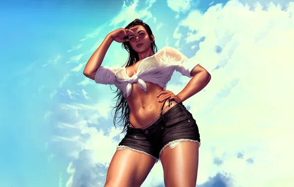 The sky, girl, clouds, shorts, brown hair, top, view