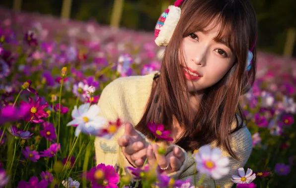 Wallpaper girl, flowers, face, background, petals