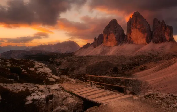 The sky, clouds, light, sunset, mountains, bridge, nature, stones