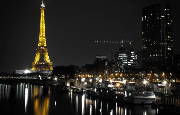 Night, lights, river, France, Paris, home, lights, Eiffel tower
