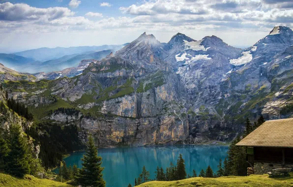 Picture roof, clouds, snow, mountains, bench, fog, lake, rocks